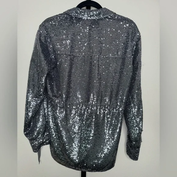 Cinq à Sept Mathieu Ribbon Detail Sequin Jacket -Shimmering Elegance in Gunmetal - Picture 2 of 10